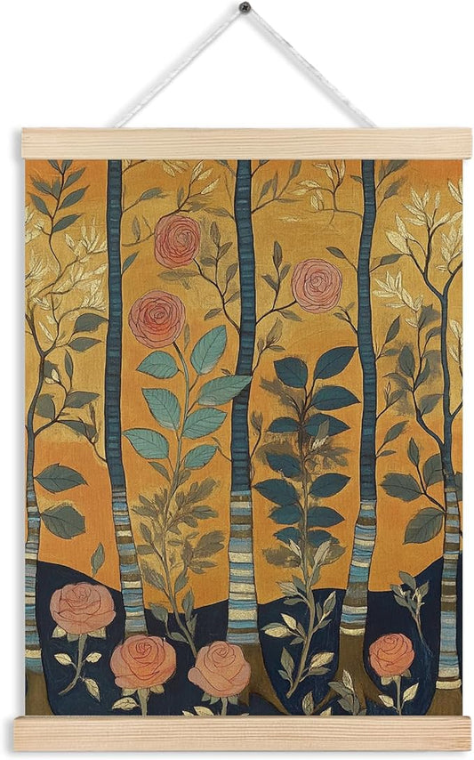 FITIE Vintage William Morris Inspired Rose Flower Tree Wall Art Poster Framed, Rustic Farmhouse Decor, Abstract Art Decor, Retro Mid Century Modern Floral Botanical Canvas Wall Art Prints for Home Office, 12x16 Inches