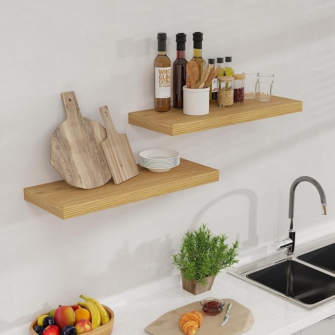 Fun Memories 24 Inch Floating Shelves for Wall, 9.3 Deep Wall Shelves for Home Decor & Storage, 24x9.3x1.5 Large Wooden Shelf with Heavy-Duty Bracket, Deep Shelf for Kitchen, Living Room, Oak Color