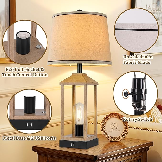 28" Farmhouse Table Lamp with 2 Light, 3-Way Dimmable Vintage Touch Control Nightstand Bedside Wood Lamp with USB Ports for Living Room, Bedroom, Home, Office, 2 Bulbs Included
