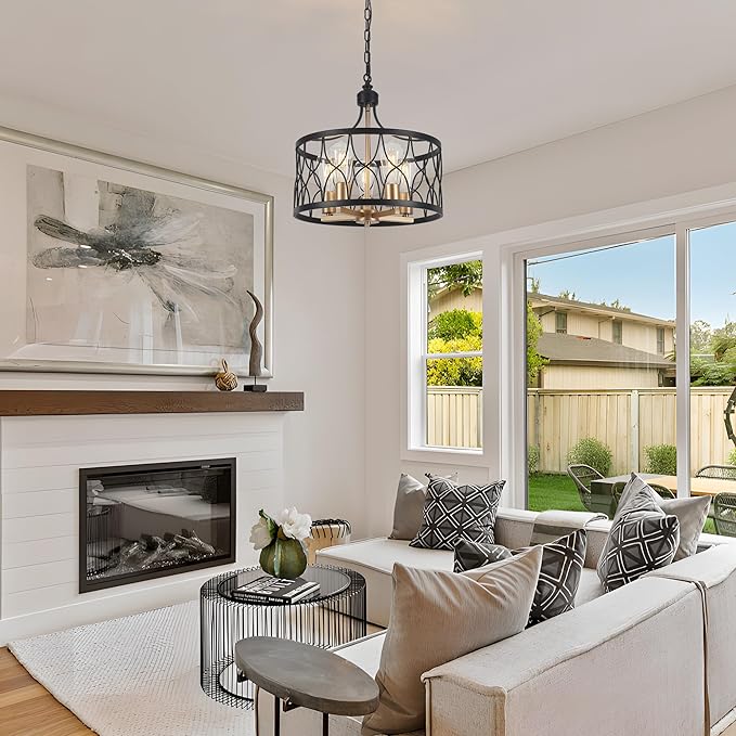 15.74" Farmhouse Ceiling Light Fixture, Hight Adjustable, 5-Light Modern Industrial Metal Cage Pendant Lighting for Kitchen Island Dining Room Living Room and Entryway (Gold)