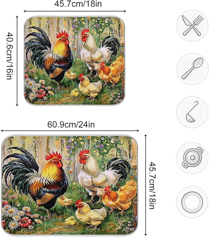 Rooster Flowers Dish Drying Mat 16 X 18 Inch Farm Cock Chick Floral Kitchen Rack Mats Dry Dishes Pads Tableware Mat Absorbent Microfiber Protector for Kitchen Countertops Counter Home Decor