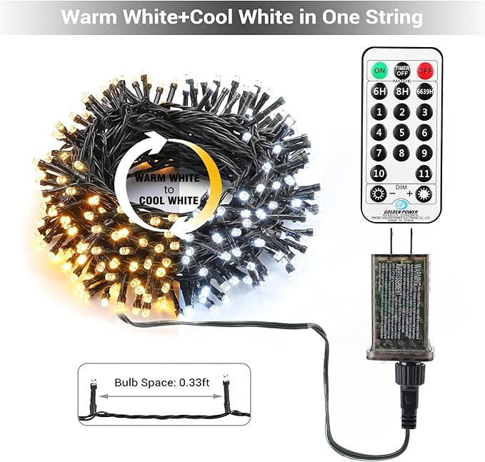 Brizled Color Changing Christmas Lights, 65.67ft 200 LED 11-Function Warm White & Cool White LED Lights String, Dimmable 29V Safe Adapter Christmas Tree Lights with Remote for Xmas Tree Party Decor