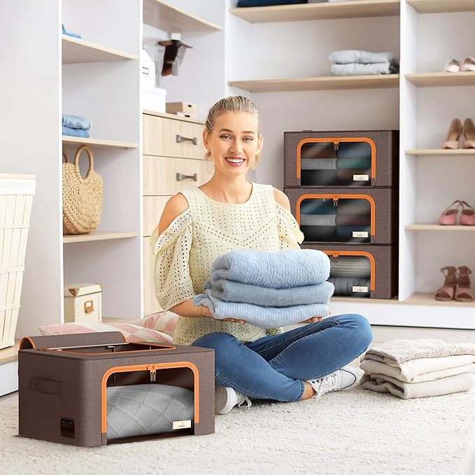 Sorbus Storage Bins with Metal Frame - Stackable & Foldable Clothes Organizer Bags - Oxford Fabric Storage Containers with Large Clear Window & Carry Handles, Bedroom Organization for Bedding & Linen
