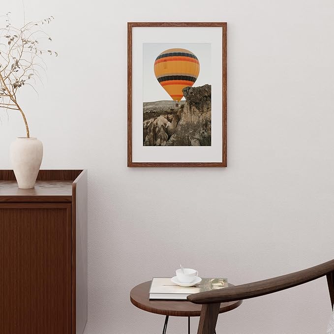 16x24 Picture Frame for Wall, Rustic Wood 16 by 24 Poster Frames, Oak Wood Picture Frame 16 x 24 with Real Glass, 12x18 Frame Matted to 16x24, Minimalist 16 x 24 Wood Frames, Walnut Color, 1 Pack