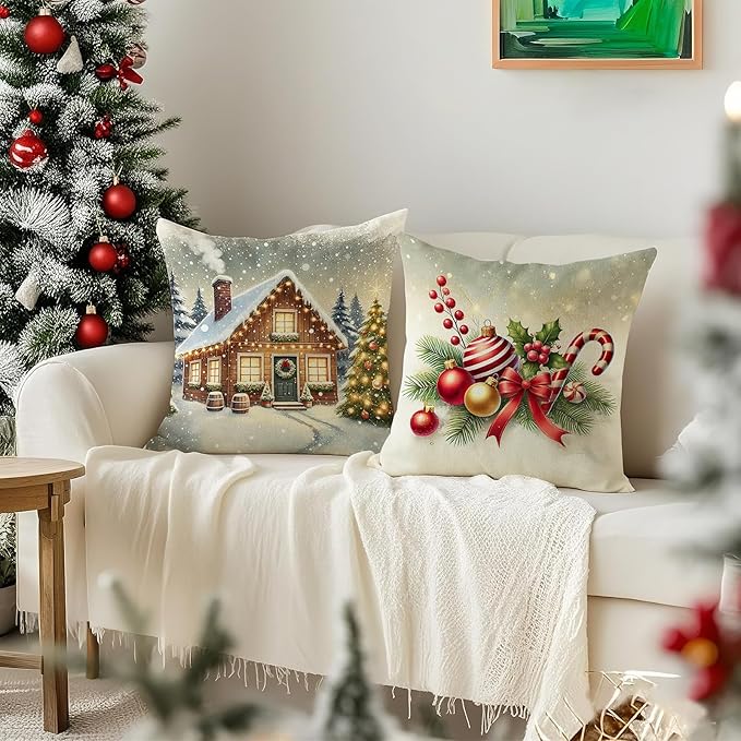 Christmas Pillow Covers 20x20 inch Set of 4, Holiday Winter Outdoor Vintage Tree Snowflake Xmas Snowman Neutral Farmhouse Gold Seasonal Burlap Decorations for Sofa Couch