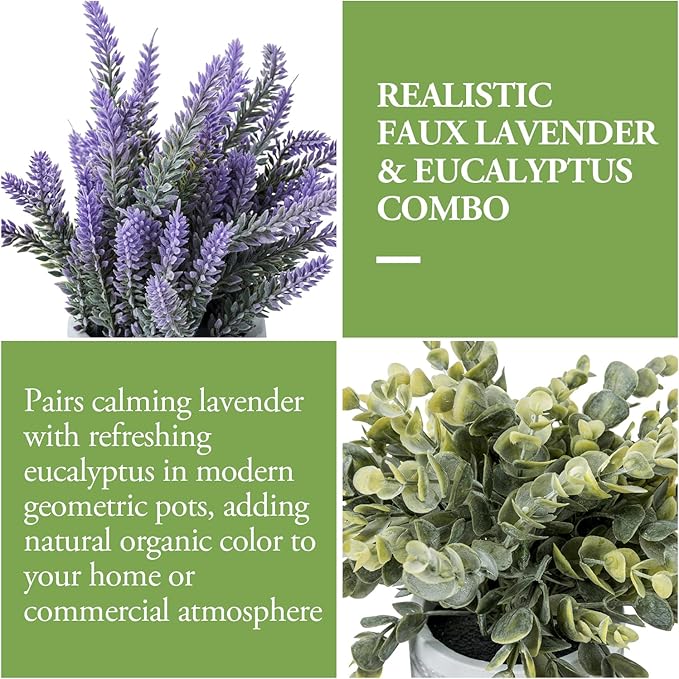 MyGift Artificial Potted Eucalyptus and Lavender Plant Faux Greenery in Modern Geometric Embossed Pattern Concrete Planter Pot, 2 Pc Set