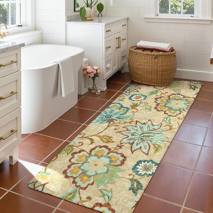 Lahome Floral Washable Kitchen Runner Rugs with Rubber Backing - 2x5 Rug Runner Lightweight Non-Slip Soft Bathroom Carpet, Boho Beige Paisley Carpet for Hallway Bedroom Laundry Room