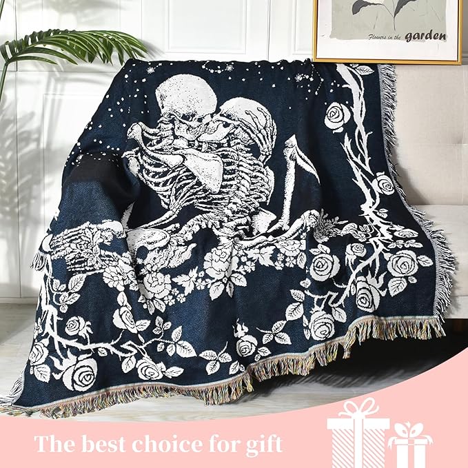 Boho Throw Blanket Reversible Cotton Bohemian Tapestry Hippie Room Decor Double Sided (Boho Skeleton Lover Moon Blue 50"x60")