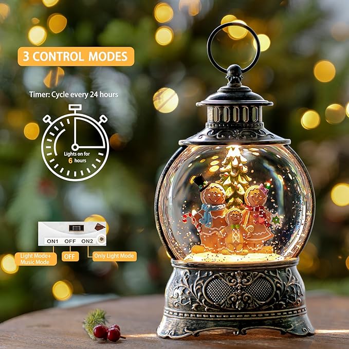 Christmas Snow Globe Lantern Water Glittering Gingerbread Family with Music& Timer, USB Lined/Battery Operated Lighted Lantern for Christmas Festival Decoration Gifts