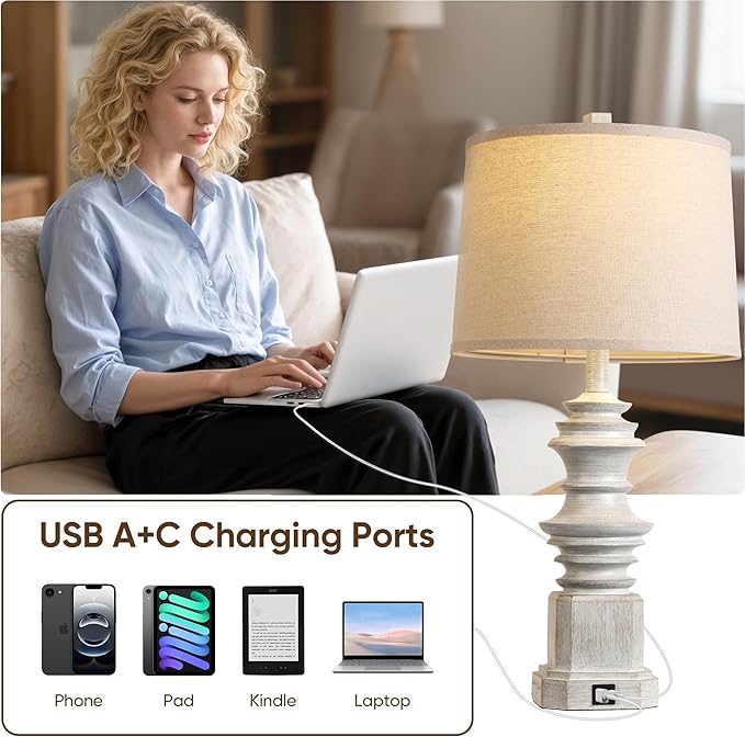 QiMH Table Lamps for Nightstand Set of 2, Bedside Lamp with USB A+C Charging Ports, Farmhouse Table Lamp with Linen Lampshade, Lamps for Living Room, Bedroom Lamps with LED Bulbs, Grey