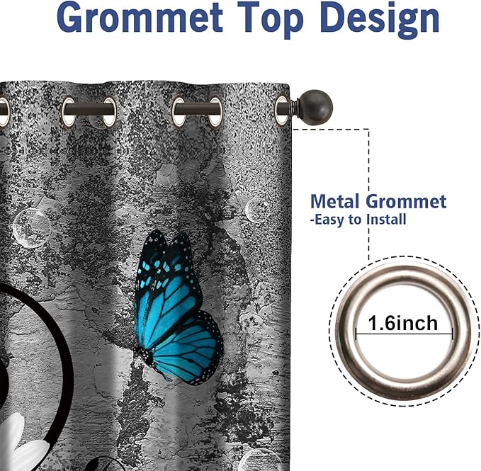 Jekeno Floral Blackout Curtains White Wild Chrysanthemum Flower Butterfly Home Bedroom Living Room Decor Plant Theme Darkening Grommet Window Drapes 2 Panel Set, 52"x84"