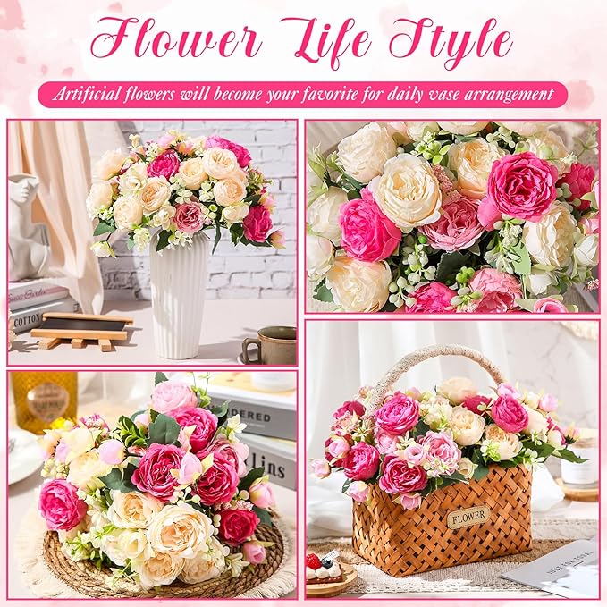 Geosar 8 Bundles Artificial Peonies Flowers Fake Silk Peony Bouquet Faux Peonies Flowers Bulk for Decoration Vase Florals Arrangements Wedding Party Table (Bright Color)