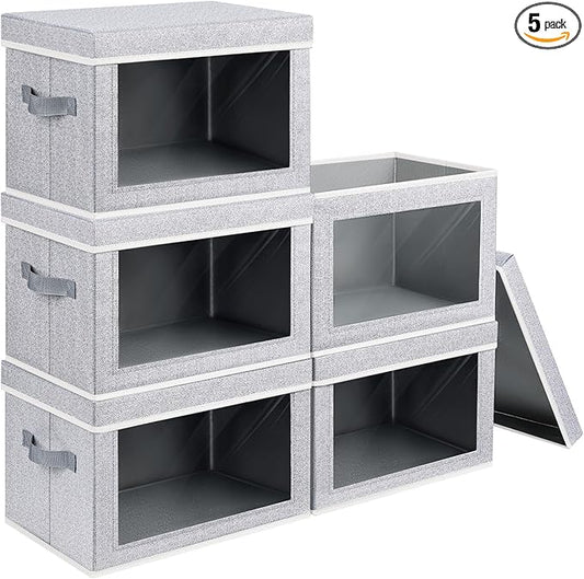 Storage Box with Lids - 5 Pack Foldable Clear Window Storage Bins, Large Decorative Storage Bins with Handles, Storage Containers for Clothes, Towel, Blanket, Sheet, Light Grey
