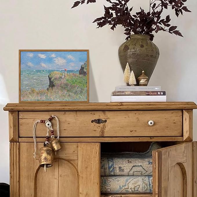 Framed Vintage Monet Wall Art Coastal Decor – Impressionist Seaside Oil Painting Canvas Prints – Nature Beach Scene Landscape Aesthetic Wall Decor for Living Room Bedroom Bathroom – 8"x10"