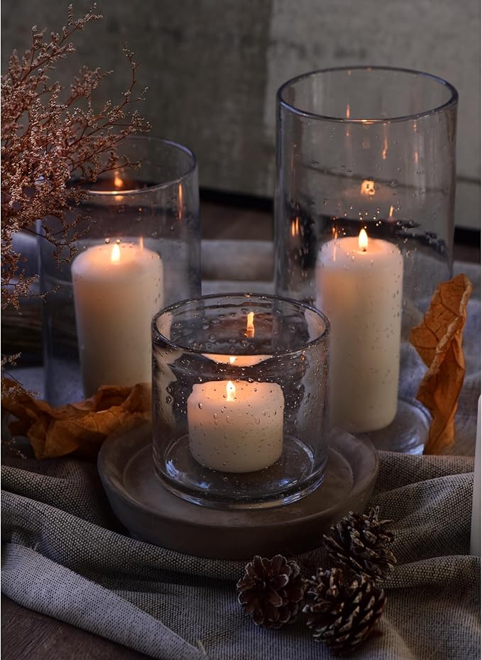ARIAMOTION Hurricane Candle Holders for Pillar Hand Blown Glass Cylinder Vases Table Centerpiece Bulk Room Decor Clear Seeded Bubbles Living Dining Kitchen Island 10" 7" 4" Set of 3
