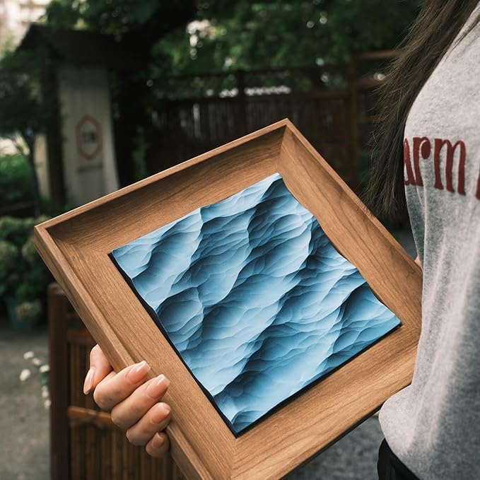 Handcrafted Wood Carved Frame Wall Art with 3D Wave Carving Design, Creative Bedroom Decor (natural wood color, large, Framed)