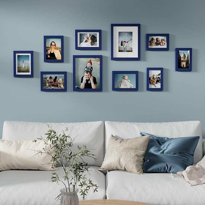 Vittanly 10 Pack Picture Frames Collage Wall Decor, Gallery Frame Set for Wall Mounting or Tabletop Display, Multi Sizes Including 2pcs 8x10, 4pcs 5x7, 4pcs 4x6, Blue
