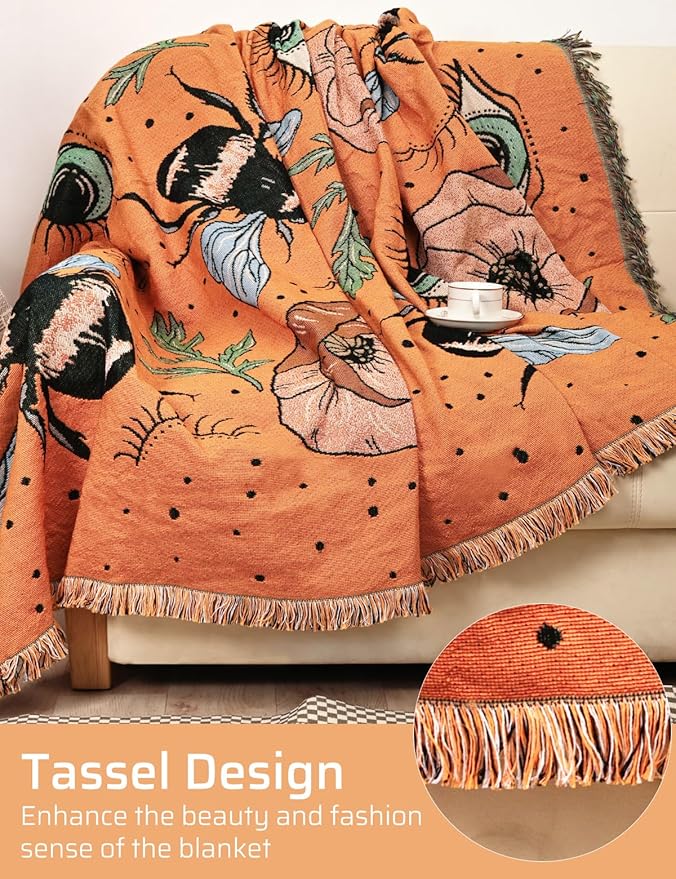 Boho Throw Blanket for Bed Couch Sofa Reversible Cotton Bohemian Travel Boho Quilt Mexican Muslin Blanket Tapestry Hippie Room Decor Outdoor Blanket Double Sided (Boho Bee Yelow 70"x90")