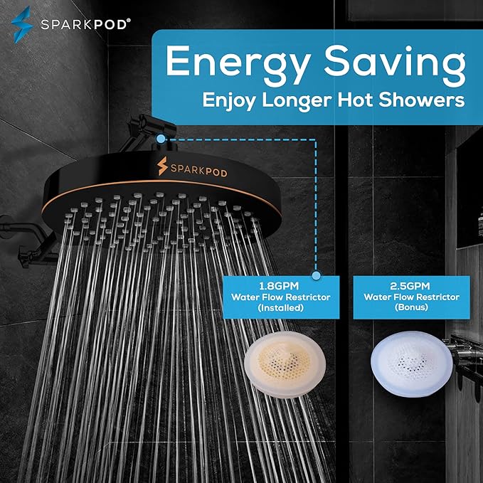 SparkPod Shower Head - High Pressure Rain - Premium Quality Luxury Design - 1-Min Install - Easy Clean Adjustable Replacement for Your Bathroom Shower Heads (Vintage Oil Rubbed Bronze, 8 Inch Round)