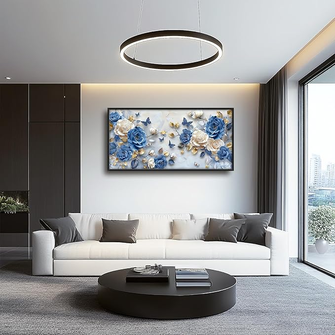 Framed Large Wall Art for Living Room, Blue and White Florals Canvas Wall Decor, Flowers Pictures Painting, Modern Artwork for Bedroom Office 60L'' × 30W''