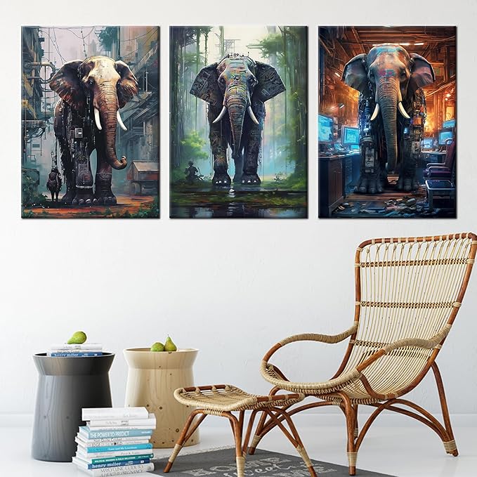 Abstract Elephants Wall Art Cyberpunk Giant Machine Animal Posters Print on Canvas Modern Sci-Fi Theme Picture Painting Wall Decor Artwork for Living Room Gym Office Ready to Hang [60''W x 28''H]