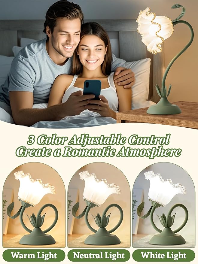 Flower Table Lamp Bedside Lamps LED Reading Light,3 Color Modes Cute Small Lamp,Vintage Flower Lamp Kawaii Table Lamp for Bedroom Living Room Office Dorm Desk Home Decor (Pearl Green lamp)