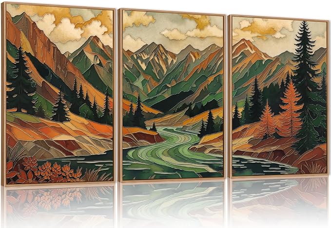 HPINUB Abstract Boho Mountain Framed Canvas Wall Art Set,Vibrant Forest Pine Tree Wall Decor,Textured Landscape Artwork Rustic Linear Scenery Art Print for Living Room,Bedroom,Office-24 x36 x3