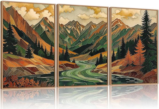 HPINUB Abstract Boho Mountain Framed Canvas Wall Art Set,Vibrant Forest Pine Tree Wall Decor,Textured Landscape Artwork Rustic Linear Scenery Art Print for Living Room,Bedroom,Office-24 x36 x3