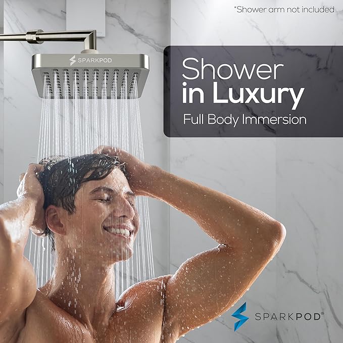 SparkPod Shower Head - High Pressure Rain - Premium Quality Luxury Design - 1-Min Install - Easy Clean Adjustable Replacement for Your Bathroom Shower Heads (Elegant Brushed Nickel, 6 Inch Square)