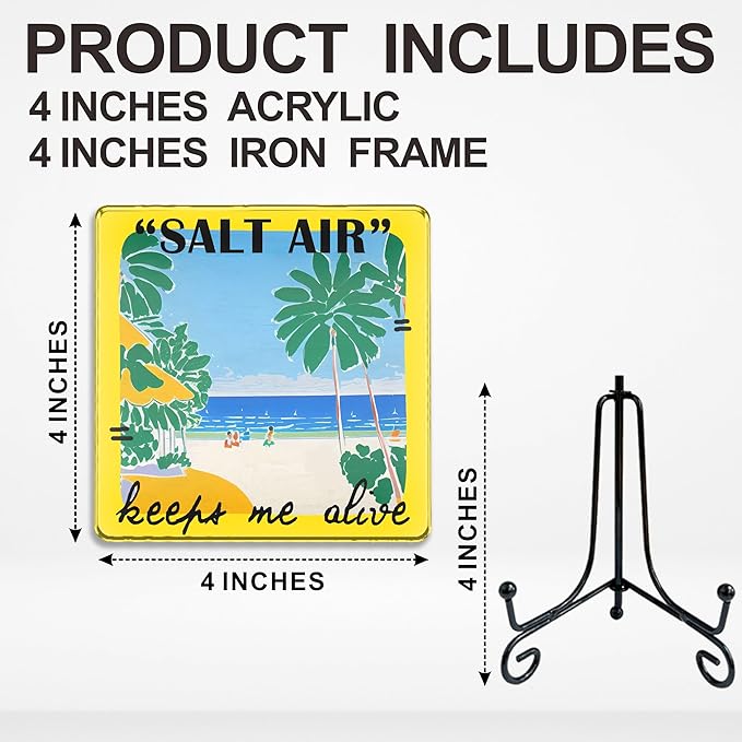 Salt Air Keeps Me Alive Acrylic Sign With A Metal Support -4x4" Seasonal Beach & Palm Tree Tabletop Acrylic Plaque - Home Desk Office Shelf Aesthetic Display Art Decoration & Favors For Women Men - A03