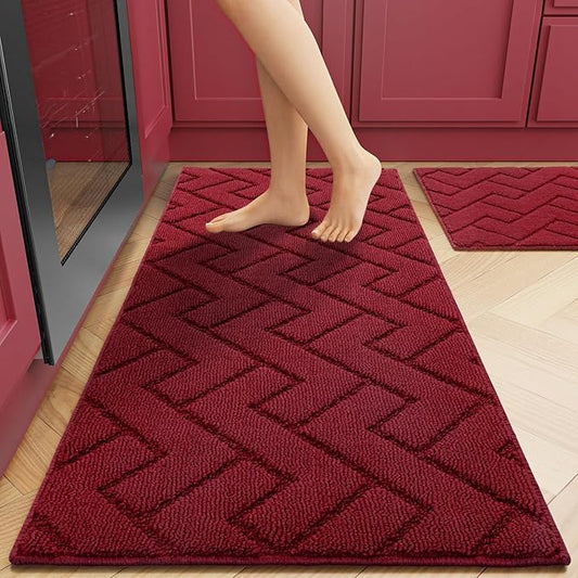 hicorfe Kitchen Rugs and Mats Sets,2 Pieces Super Absorbent Polypropylene Non-Slip Rug,Soft Comfort Floor Mat,Machine Wash for Kitchen,Hallway,Office,Sink,Laundry(20" x 31.5" Plus 20" x 48",Red