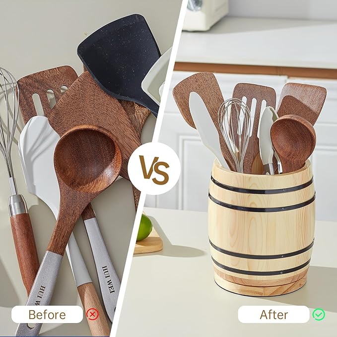 Natural Pine Wood 360° Rotating Wine Barrel Utensil Crock - Kitchen Countertop Organizer & Cooking Tool Holder, Rustic Farmhouse and Western Decor, Ideal Spoon/Spatula Storage, Kitchen Decor Accessory