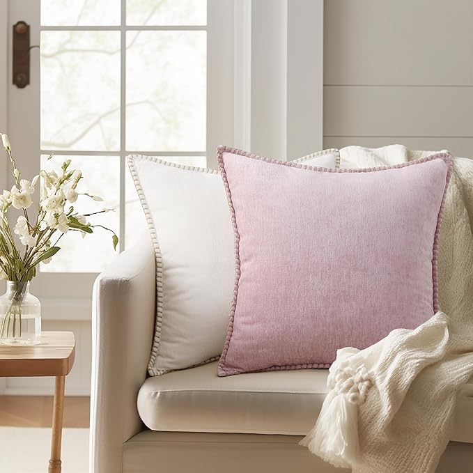 decorUhome Chenille Soft Throw Pillow Covers 18x18 Set of 2, Farmhouse Velvet Neutral Decorative Euro Pillow Covers with Stitched Edge for Couch Sofa Bed Home Decor, Blush Pink