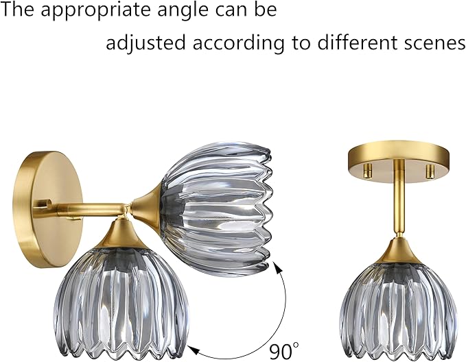 2 Pack 1 Light Vintage Wall Sconces Tulip Gray Glass Lampshade Hradwired Modern Gold Wall Lighting Fixture for Bedside Bedroom Doorway