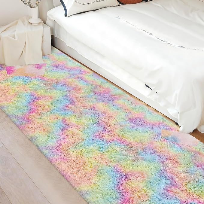 Fluffy Rainbow Rug for Girls Bedroom 3x10 Feet Kawaii Tie Dye Area Rug Colorful Unicorn Runner Rug for Kids Teens Nursery Baby Princess Room Lining Room Home Decor Carpets