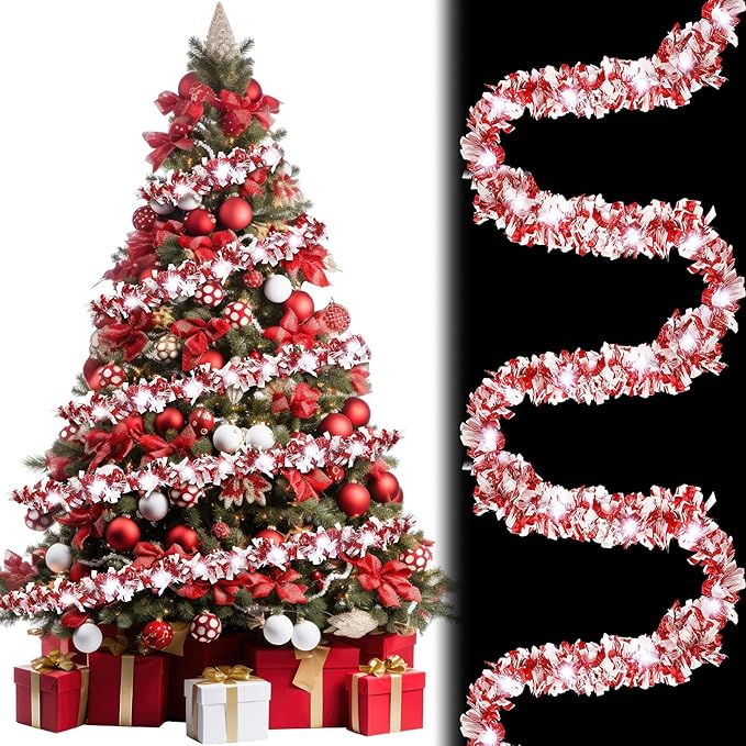 Kingdder 16.4 ft Christmas Tinsel Garland Lighted Metallic Twist Garland with 50 LED Lights Hanging Prelit Xmas Battery Operated Foil Tinsel for Christmas Tree Party Mantel