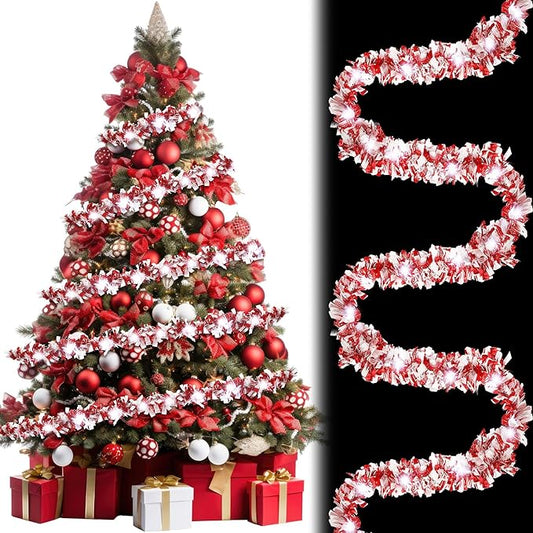 Kingdder 16.4 ft Christmas Tinsel Garland Lighted Metallic Twist Garland with 50 LED Lights Hanging Prelit Xmas Battery Operated Foil Tinsel for Christmas Tree Party Mantel