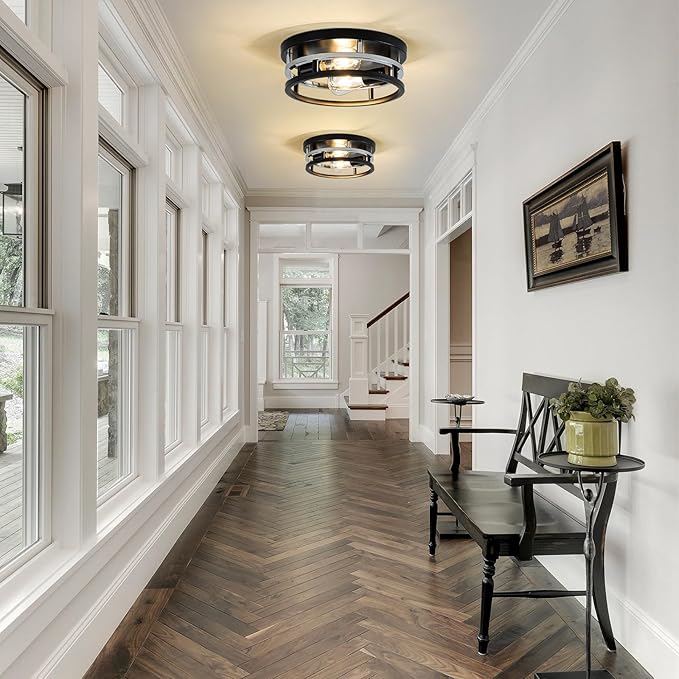 2 Light Industrial Ceiling Light Black Chrome Semi Flush Mount Lights Close to Ceiling Light Fixtures,cage design Farmhouse Ceiling Lighting for Kitchen Bedroom Bathroom Foyer Hallway (E26, 1Pack)