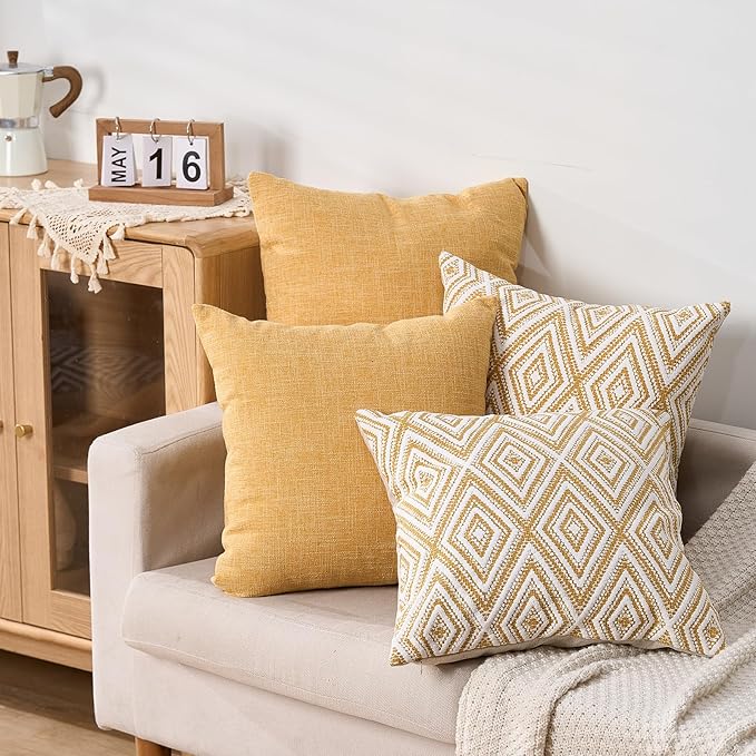 HPUK Decorative Throw Pillow Covers Set of 4 Geometric Design Linen Cushion Cover for Couch Sofa Living Room, 18"x18" inches, Ochre
