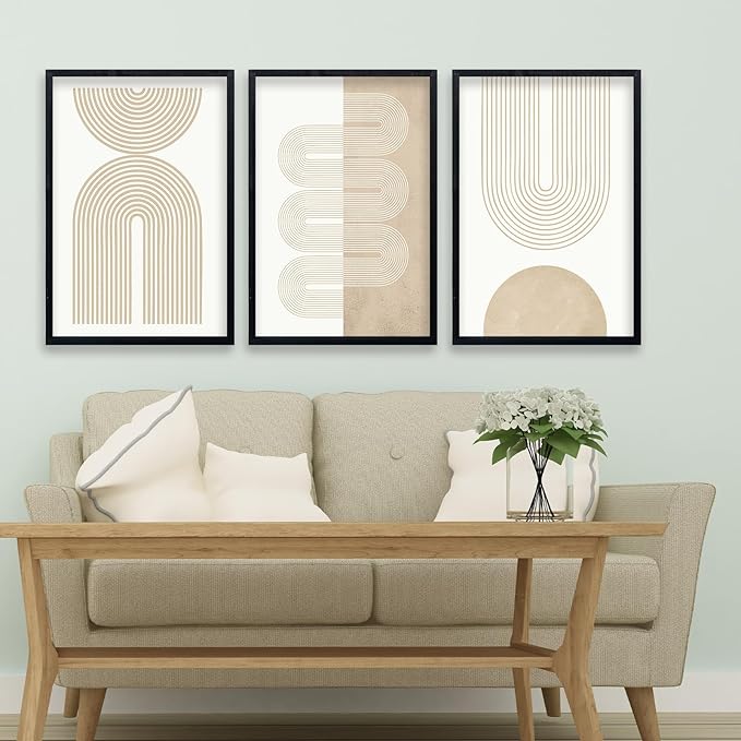 Wall Art Set of 3 Geometric Beige Spiral Wave 16"x24" Wooden Framed Mid Century Organic Abstract Neutral Sign Prints Nordic Boho Office Living Room Master Bedroom Wall Hang Decor (Black)