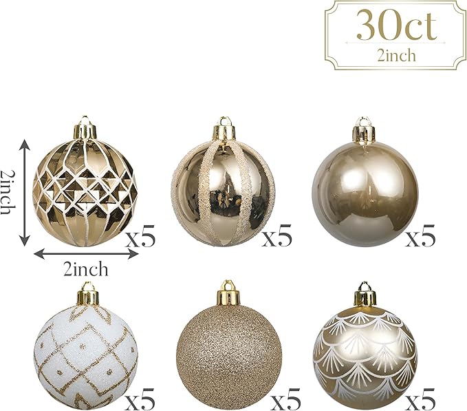 Valery Madelyn Christmas Ornaments Set, 30ct 2 Inches White and Gold Shatterproof Christmas Tree Decorations Ball Ornaments Bulk, Elegant Hanging Ornaments for Xmas Holiday Party Decor