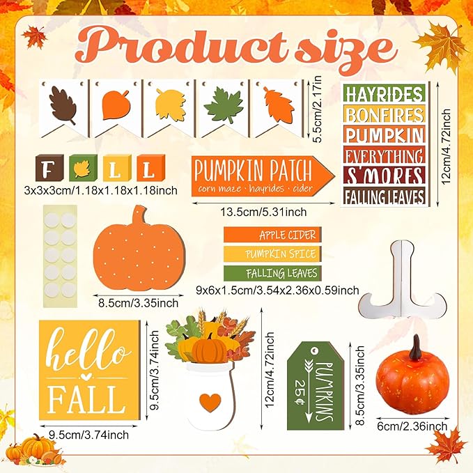 19 Pcs Bright Fall Tiered Tray Decor Autumn Farmhouse Home Decorations Set Fall Wood Tray Decor Autumn Thanksgiving Day Decorative Sign for Tabletop Kitchen Office Decorations