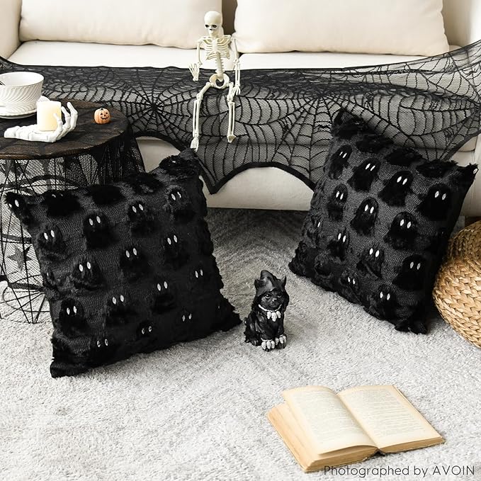 AVOIN colorlife Halloween Ghost Black Throw Pillow Cover Set of 2, 18 x 18 Inch Soft Plush Faux Fur Jacquard Spooky Cushion Case Decoration for Sofa Couch