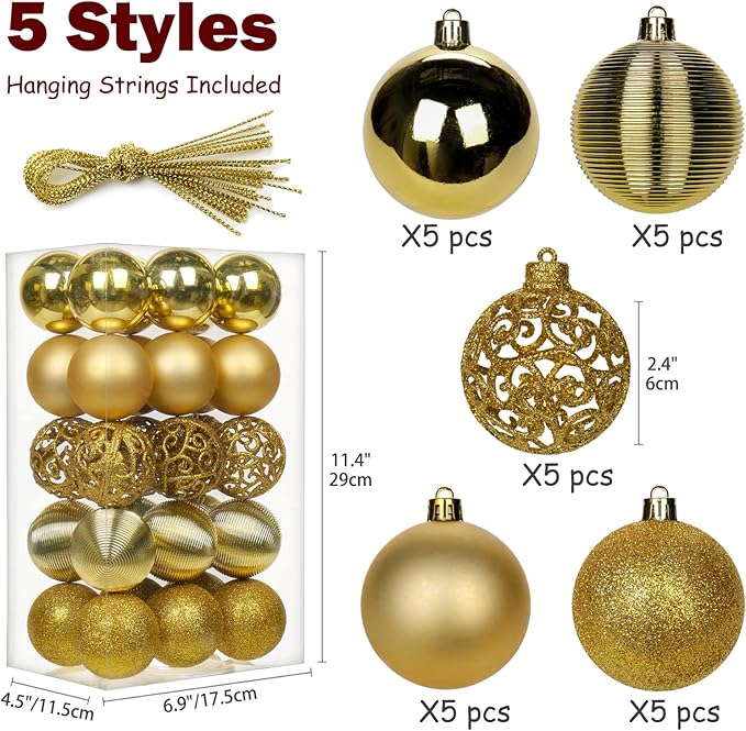 30PCS 2.36" Christmas Ball Ornaments Shatterproof Gold Christmas Tree Decorations Xmas Tree Balls Halloween Ornaments Décor