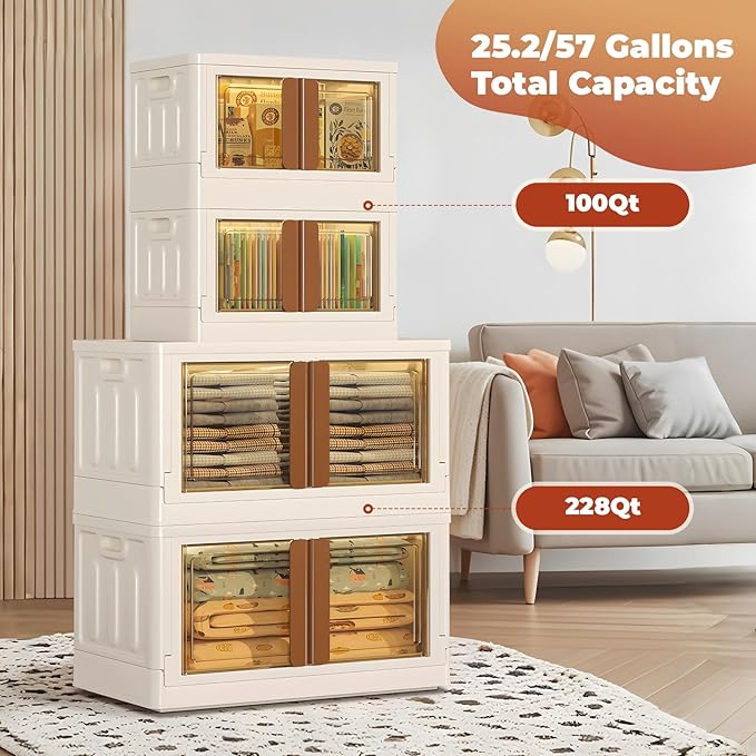 GCCSJ 33.6Qt Stackable Plastic Storage Boxes with Lids, Foldable Closet Organizers and Storage Containers with Wheels, Collapsible Storage Bins for Home Organization, 3 Pack White