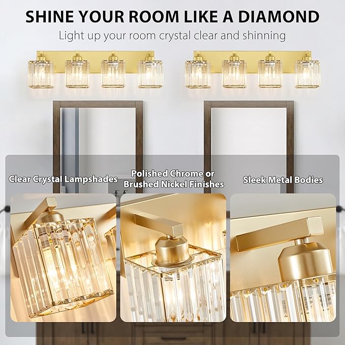 Bathroom Vanity Light Fixtures Over Mirror - Makeup Lighting Pure Gold - for Modern Wall, Bath, Desk, Farmhouse, Hallway 4 Crystal Lights