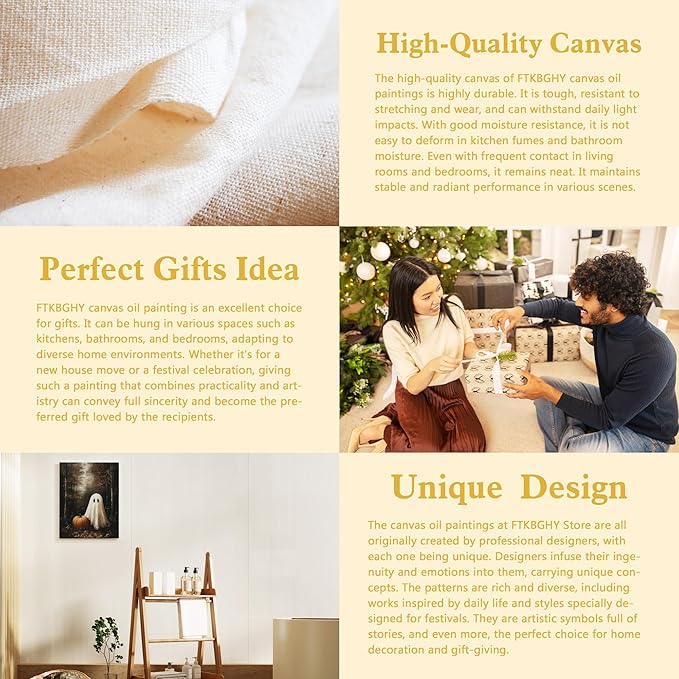 FTKBGHY Vintage Halloween Ghost Canvas Wall Art Framed, Halloween Room Decor, Spooky Ghost Pumpkin in Haunted Forest Poster Prints Wall Decorations for Bedroom Living Room Home, 11x14 Inch