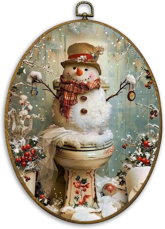 CUANFDDSF Vintage Christmas Snowman Bathroom Oval Wall Art Decor, Funny Winter Xmas Snowman on Toilet Wall Hanging Decor, Christmas Framed Canvas Prints for Bathroom Toilet Washroom, 8.6x11.4 Inch