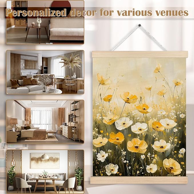 FITIE Watercolor Wildflowers Wall Art Poster Framed, Rustic Farmhouse Decor, Floral Room Decor, Fall Wall Decor Poster Hanger Frame, Rustic Cottagecore Yellow White Flower Field Canvas Wall Art Prints for Home Office, 12x16 Inches