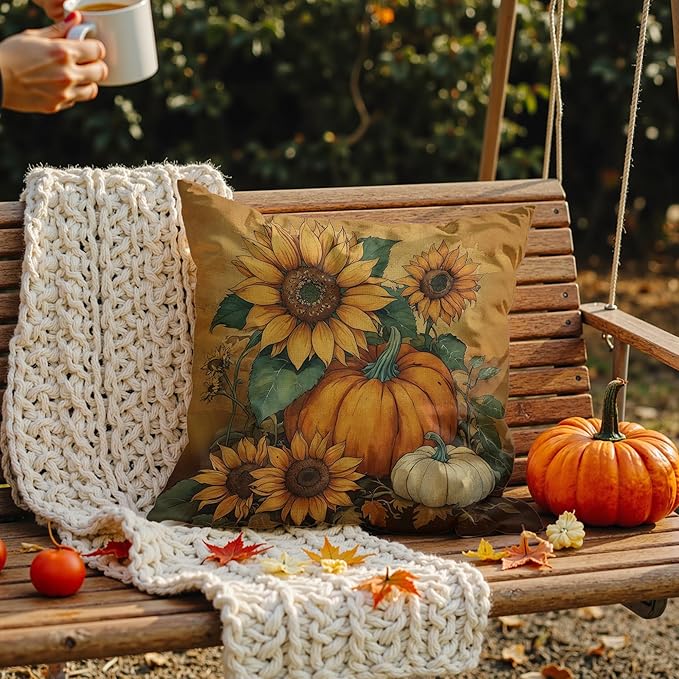 Vintage Fall Sunflower Pumpkin Pillow Covers 18x18,Autumn Pillow Cases Decor,Fall Autumn Pumpkin Decorative Cushion Covers for Home Bedroom Living Room